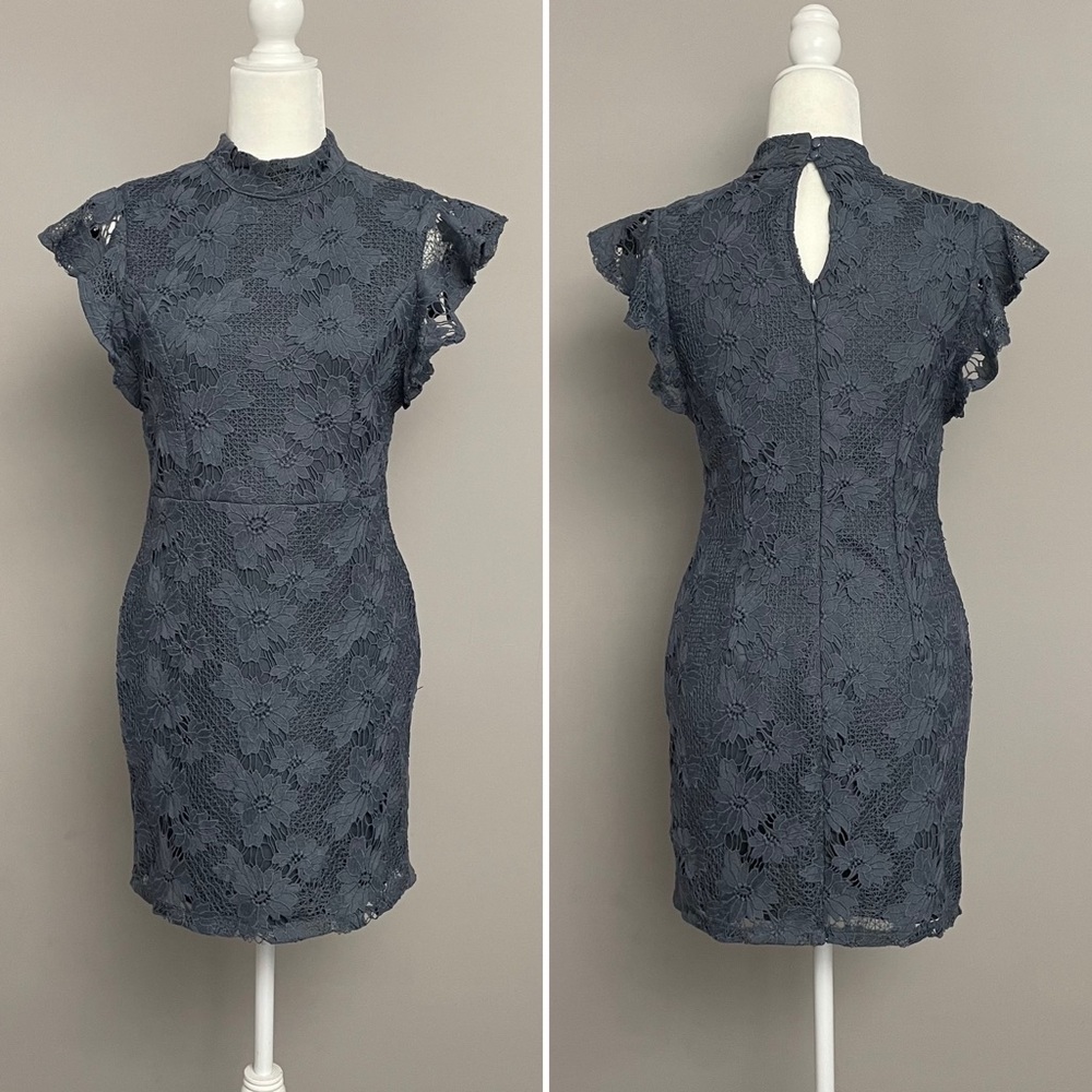 AQUA Blueish-Gray Mock Neck Flutter Sleeve Floral-Eyelet Dress Size S
